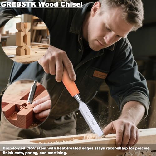Image of GREBSTK 4-Piece Ultra-Sharp Wood Chisel Set, CR-V Steel Beveled Blades with Guards, Comfortable & Durable Handle, for Carving, DIY & Woodworking (1 /4 inch, 1 /2 inch, 3 /4 inch, 1 inch)