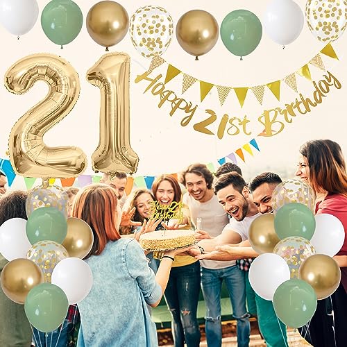 Image of 21st Birthday Decorations for Him Her, Happy Banner With Cake Topper Number 21 Foil Balloon, Sage Green White Gold Balloons for Men Women 21 Year Old Party Decoration