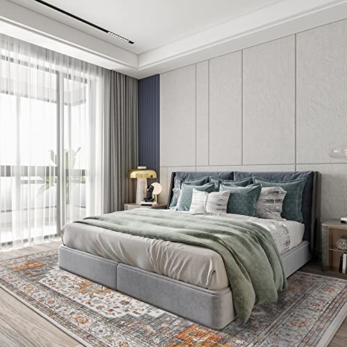 Area Rugs For Living Room: 9X12 Rug For Bedroom Machine Washable With Non Slip Backing Non Shedding, Boho Medallion Floral Large Carpet For Dining Room Nursery Home Office Indoor Decor Grey/Gold #TOP2