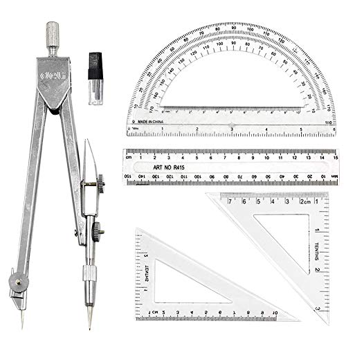 Cyful Stainless Steel Math Geometry Kit Set with Drawing Compass, Ruler, Triangle Ruler, Protractor, 6 PCS