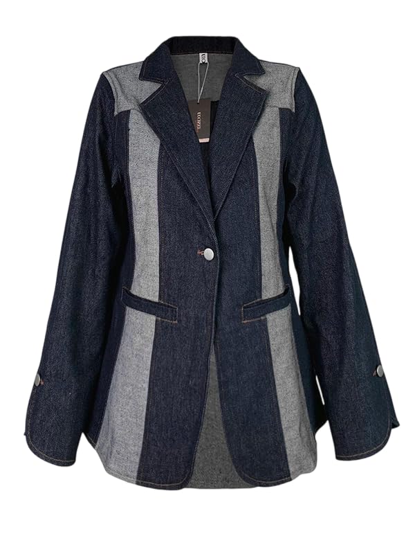 UOOZEE Womens Long Sleeve Suit Collar Denim Blazer Color Block Casual Office Work Wear Fall Winter Jackets Chic