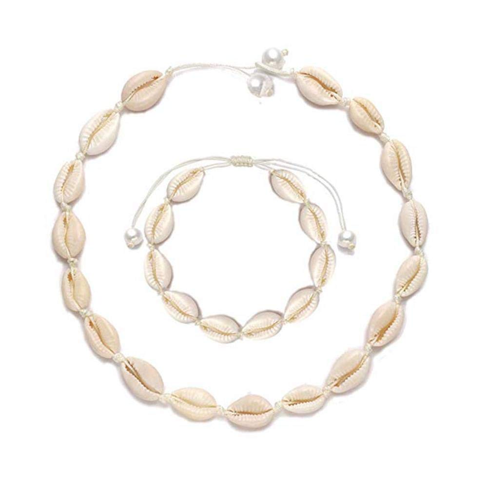 SMCTCRED Conchas Naturales Collares Pulsera para Mujeres Niñas Hawaii Ajustable Playa Cowrie Seashell Beads Gargantilla Pulsera Verano Concha Conjunto de Joyas