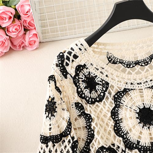 Women French Crochet Long Sleeve Shirt Hollowed Out Knit Floral Loose Fit Pullover Sweater Crop Top Coverup Beachwear4