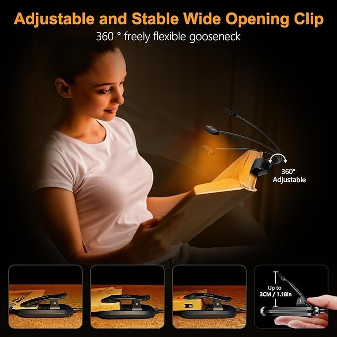 Image of One94Store Rechargeable Book Light for Reading - Magnetic Clip-On LED with 3 Color Modes, Adjustable Brightness, 360 Flexible Neck, Type-C Charging (Black)
