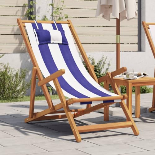 WDGJJFECNMUEHI Foldable Beach Chair Blue/White with Eucalyptus Wood Frame, 3-Position Reclining,...