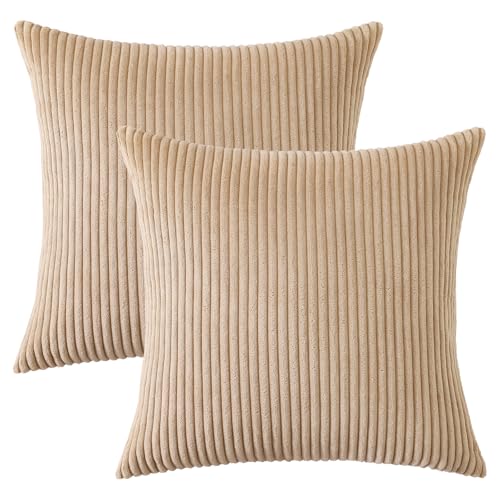 Image of Mecatny Corduroy Fall Decorative Throw Pillow Covers 20x20 Set of 2 for Sofa Living Room, Soft Neutral Boho Couch Pillow Covers for Home Decor, Khaki