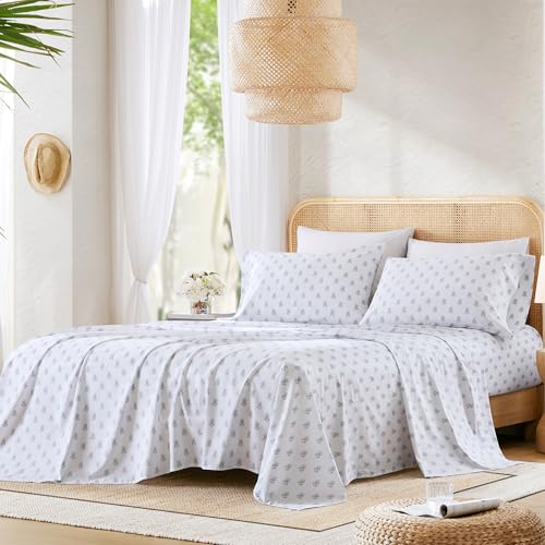 Comfort Spaces 100% Cotton Sheets Queen, Breathable, Naturally Cool Cotton Sheets, Soft Cotton Bed Sheets with 14" Elastic Pocket Fits up to 16" Mattress, All Seasons Sheet Set, Floral Blue 4 Piece