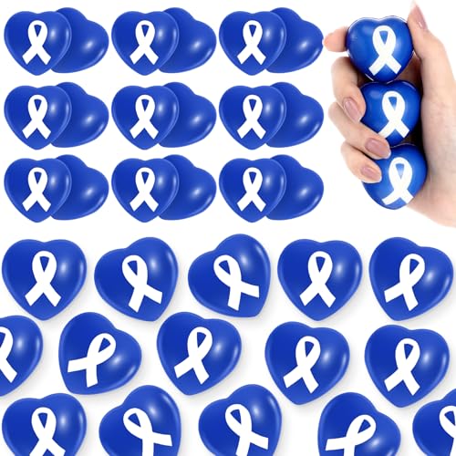 Leitee 30 Pcs Blue Ribbon Colon Cancer Awareness Items Bulk Child Abuse Prevention Heart Stress Balls Cancer Awareness Favor for Adults Public Charity Fundraisers Event Support Campaigns Supplies Gift
