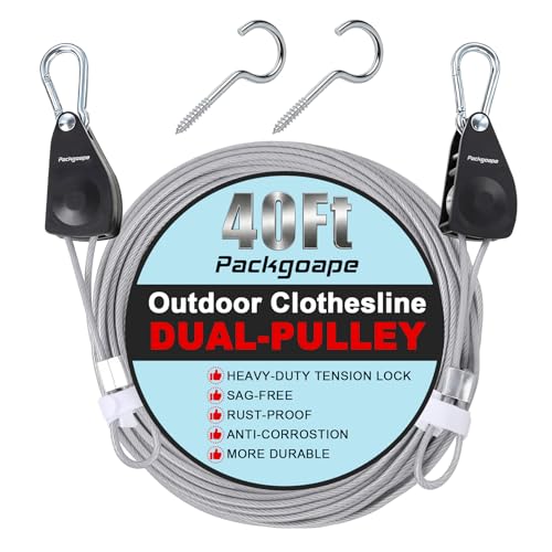 Packgoape Retractable Clothesline Outdoors, Travel Clothes Drying Line, Heavy Duty Dual Pulley System with Nylon-Coated Steel Wire, Portable Laundry Line for Camping, Backyard, RV, Cruise Ships (40Ft)