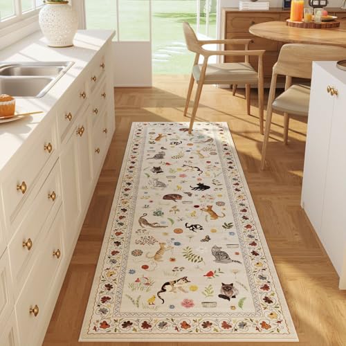 Runner Rug for Kitchen Non Slip 2'x6' Washable Rugs with Rubber Backing Soft Floral Animal Cat Carpet for Kitchen Laundry Bedroom Bathroom, Beige