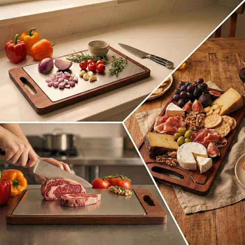 Tabla de Cortar de Titanio con Madera Sólida de Sapele, 45,7 cm x 30,5 cm x 2,5 cm, para Picar y Servir, con Ranura para Jugos, Asas Antideslizantes y Pies No Deslizables miniatura 7