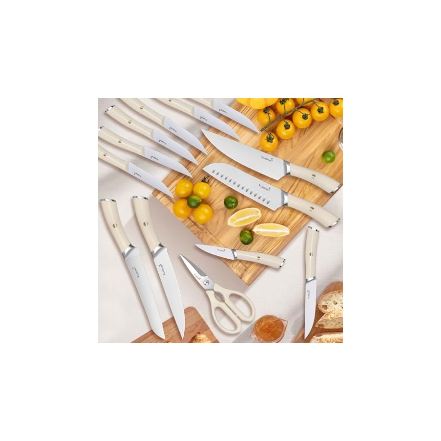 Kuisine Chef Knife Set,High Carbon Stainless Steel Block Knife Set,Knife Block Set with Built-in Sharpener,Sharp Knife Set Forged,Elegant Gift(Ivory,15pcs）