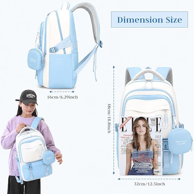 Image of Girls School Backpack with Small Zipper Pouch Fashion Nylon Backpack Multi Compartment Large Capacity Bag with Padded Shoulder Straps & Handle for School Travel Camping College