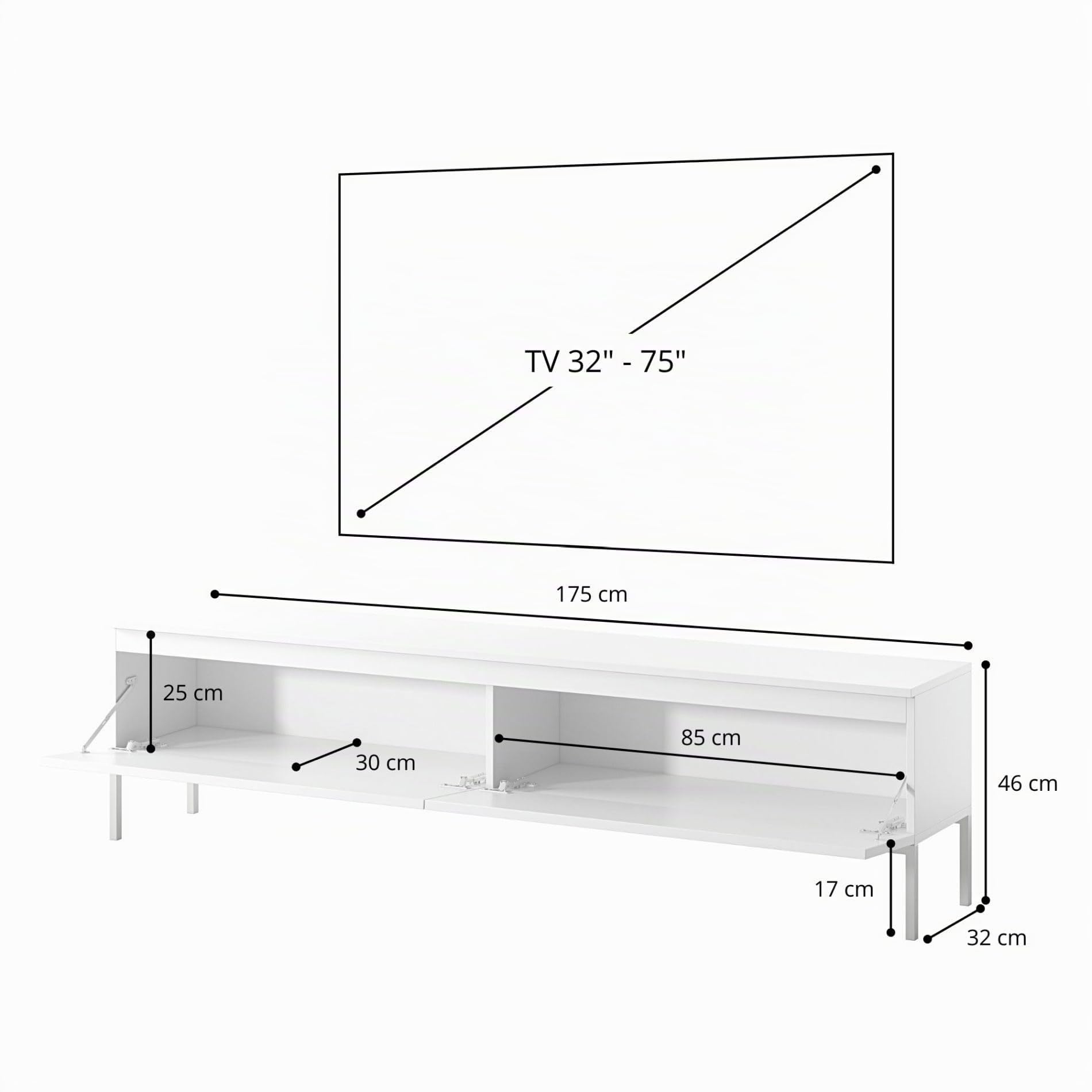 Selsey TV Schrank Board Sideboard Fernsehtisch Fernsehschrank Mit Schränken 175 cm Schwarze Beine Schwarz Bemmi