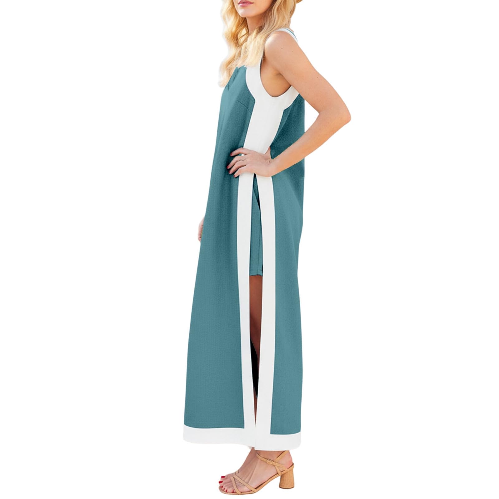 Generisch Combinaison d'été en lin pour femme, 2 pièces, col rond, débardeur et pantalon large avec poches, tenue de loisirs en coton, tenue respirante pour plage, voyage, bureau