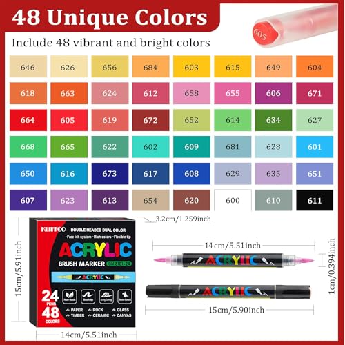 Image of KLIFFOO 48 Colors Acrylic Paint Markers,24Pcs Dual Head Brush Tip Sketch Pen for Painting,Sketching,Calligraphy, Permanent Colouring Marker Pen for Rock,Canvas,Wood, Glass,Fabric (48 Colors 24 Pcs)