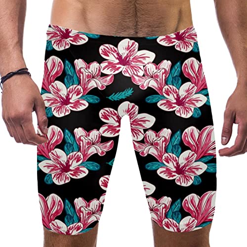 Traje de baño de natación negro con estampado de hojas rosa para hombre