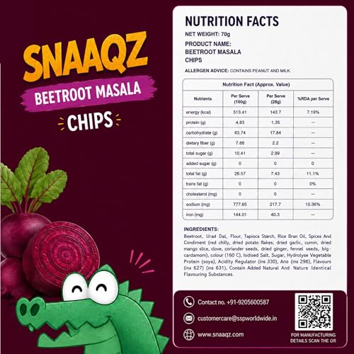 Image of Snaaqz Beetroot Chips Tadka Masala | Crunchy Vegetable Chips | Palm Oil Free | Vegan Gluten Free | Healthy Snack for Kids & Adults | 70g Pack of 2