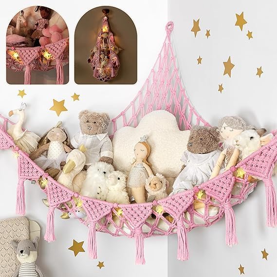 Boho-Chic Macrame Toy Hammock – Decorative Nursery Storage with Warm Fairy Lights & Plush Companions