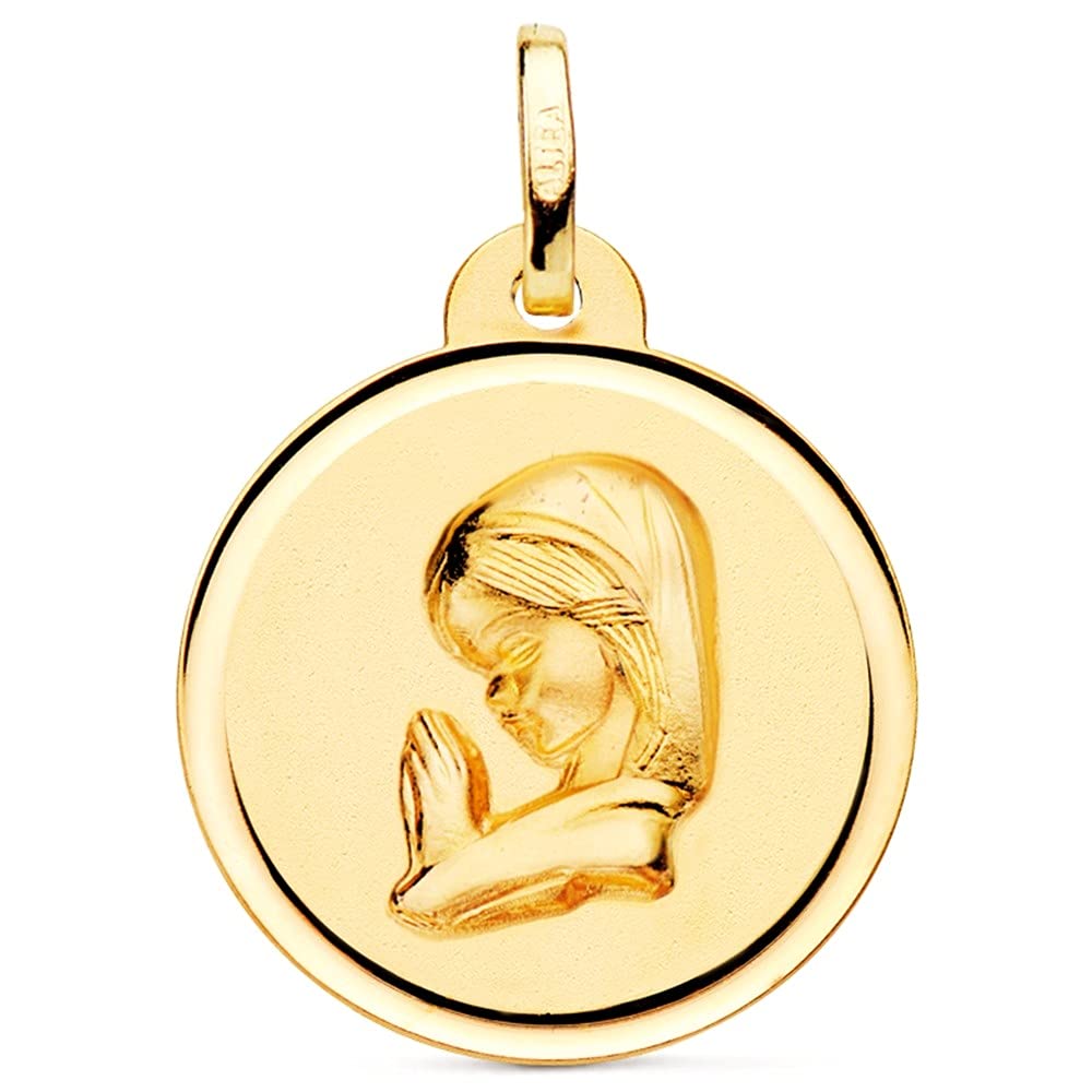 Medalla oro 18k Virgen Niña 20mm. rezando relieve lisa detalle cerco
