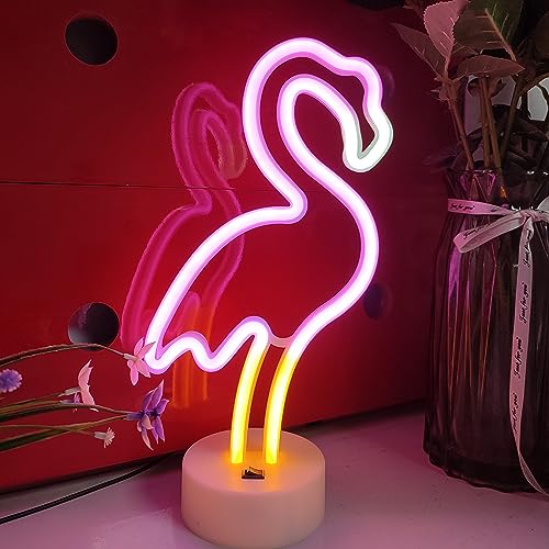 JYWJ Flamingo Neon Sign with Holder Base,USB or 3-AA Battery Powered Neon Light,LED Desktop Wall Decoration,Various Parties,Decoration of Business Premises(Multicolor)