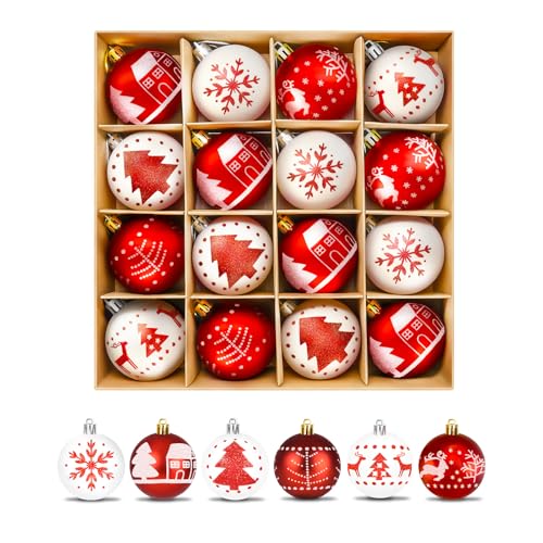 ZOOI Weihnachtskugeln Kunststoff Set Rot Weiß, 16 Stücke 6CM...
