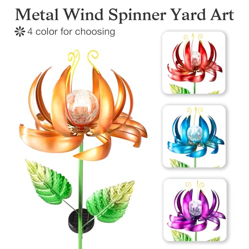 Image of Solar Yard Lights Wind Spinners- Metal Lotus Flower Garden Decor LED Crackle Glass Globe Yard Art Sculpture Solar Stake Lights for Patio Pathway Lawn Walkway (Yellow-Large)