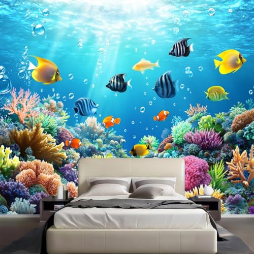 Fresque murale poissons et coraux pour transformer la chambre enfant en un océan bleu contemporain - 3