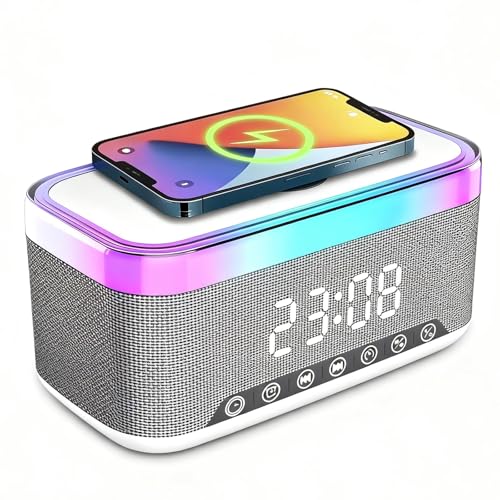 PORFOYO Reloj despertador digital inteligente con Bluetooth, con cargador inalámbrico de 15 W, luz nocturna de 6 colores, altavoz Bluetooth, color blanco