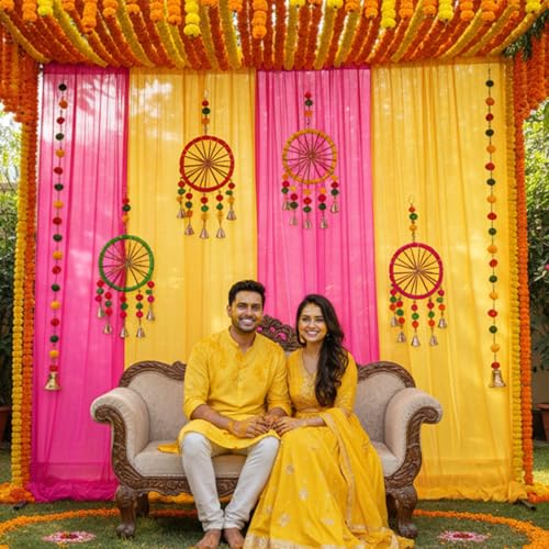 Image of Party Propz Pink and Yellow Backdrop Decoration Set - 17Pcs Haldi Decoration Items for Home Decor, Haldi Decorations Backdrop Set, Background for Pooja Decorations, Wedding Decor (Satin)