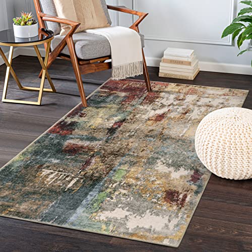 Lahome Modern Abstract Area Rug - 3x5 Washable Bedroom Rug Soft Throw Entry Mat Non-Slip, Contemporary Faux Wool Stain Resistant Floor Carpet for Living Room Kitchen Chair Door,Red/Multi