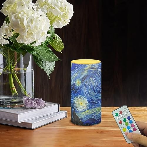 Image of Poceacles Flickering Flameless Candles with Multi Color Remote and Timer Starry Night Print Realistic LED Pillar Candles Battery Candles for Festive Wedding Party Home Decor