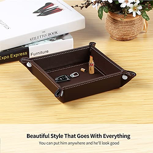 Image of YAPISHI Key Dish Bowl for Men, Entryway Catchall Holder Bedside Table Valet Tray for Pocket Stuff, PU Leather Nightstand Organizer for Dice /Coins /Wallet /Watch /Rings /Sunglasses, Dresser /Coffee Table