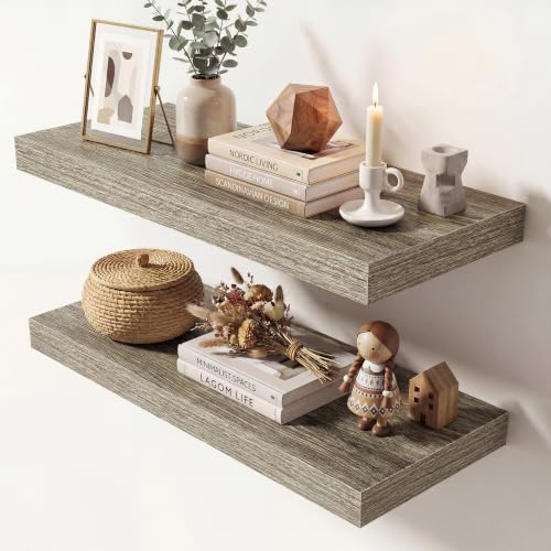 Image of Dreamland 24 Inches Floating Shelves for Wall,9.3 inch Deep Long Floating Shelves Set of 2,Large Display & Storage Shelf,Wall Shelf for Bathroom Bedroom Living Room Kitchen Office,Grey