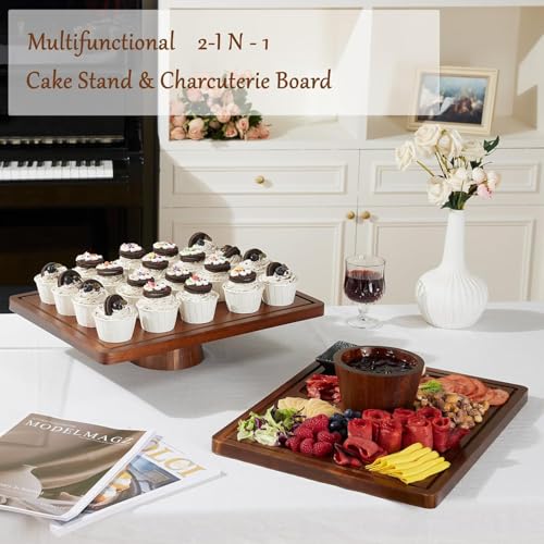 HouseJoy Acacia Wood Cake Stand with Lid-Extra Large 17" Rectangular Cake Holder,2-in-1 Dessert Table Display Set & Charcuterie Board,Acrylic Cake Dome Cover for Cheese/Veggie/Desert /Chips & Dip - Image 3