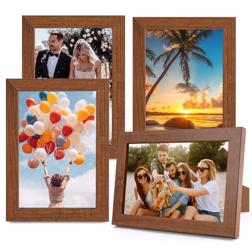 4 Stück Bilderrahmen 10x15 cm Eiche Massivholz, Umweltfreundlich Holzbilderrahmen Bilderrahmen Klein mit Scheiben aus Acrylglas, Rustikaler Braun Holz-Fotorahmen Collage für Fotos Bilder Kunstwerke