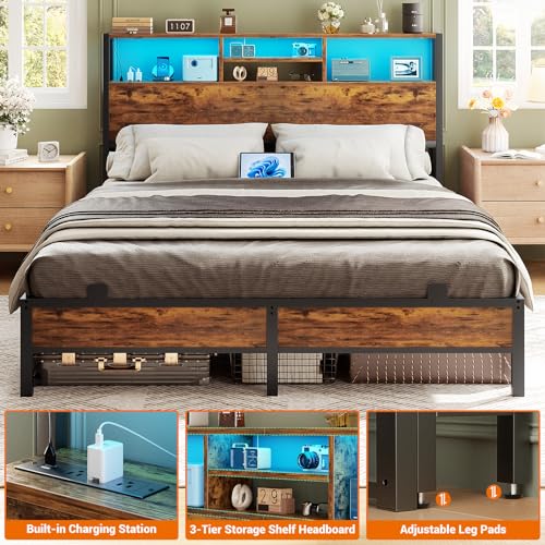 Image of Aheaplus Headboard for Queen Size Bed with Storage, Headboards with Outlets | Queen Size Head Board Only, USB Ports and LED Light, Height Adjustable, Reversible, Sturdy and Stable Headboard, Rustic Brown