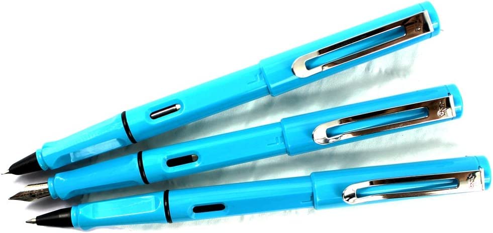 Stifte, Gelschreiber, Kugelschreiber, 3 Stück Kunststoffstifte, 1 Stück Füllfederhalter, 1 Stück feine Feder und 1 Stück Tintenroller mit Stiftbox – Gelb (Farbe: Himmelblau)