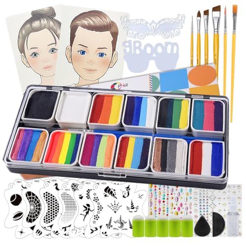 OPHIR Rainbow Face Painting Kit for Kids Party, 5.14 OZ Water Activated Split Cake Face Paint, Facepaint Makeup Kit with Face Paint Stencils, Brushes, Practice Boards and Gem Stickers for Halloween