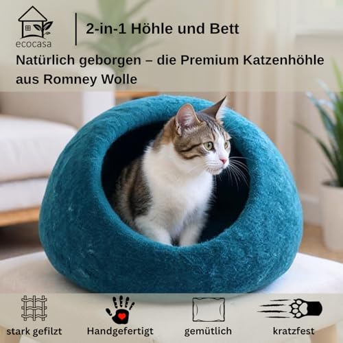 XL Katzenhöhle Katzenbett Katzenhaus – feinste Romney Wolle – kräftig gefilzt – außen robust & innen kuschelig weich – waschmaschinenfest (Petrol)
