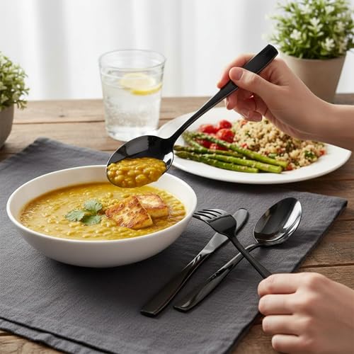 Image of 15 Pcs Black Cutlery Set for Dining Table the Perfect Mirror Polish Hevy Duty Tableware Including Dinner Spoon, Dinner Fork, Dinner Knife, Dessert Spoon & Dessert Fork