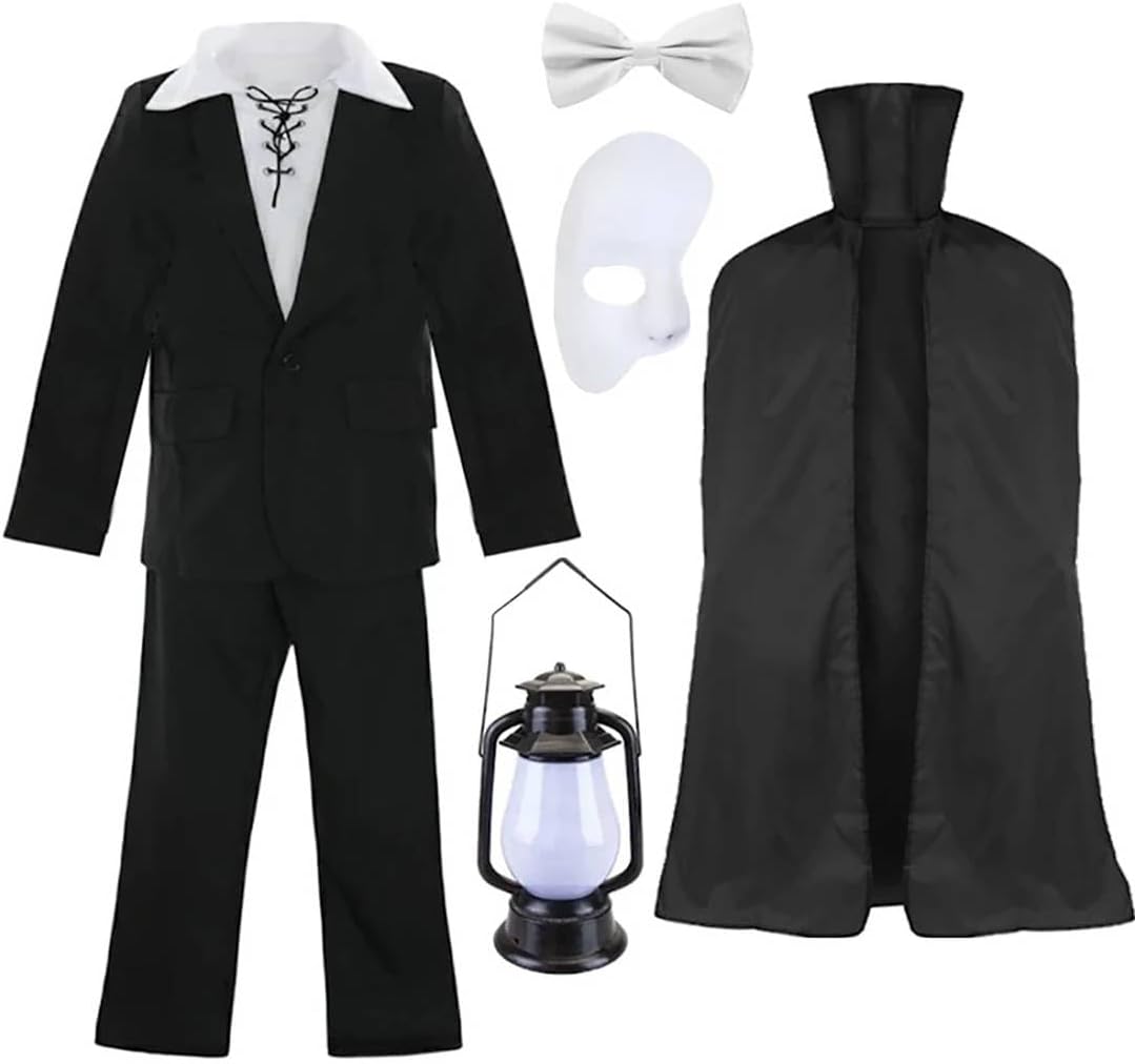– Adults Phantom Costume - Black Suit, White Lace-Up Shirt, Black Cape, Half-Face Mask, Bowtie, Lantern - Mens Musical Opera Halloween Fancy Dress Costume