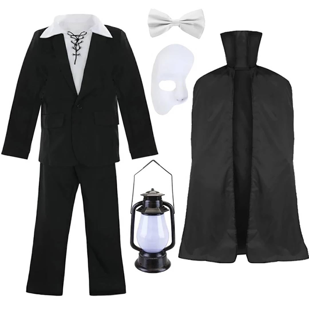 Adults Phantom Costume - Black Suit, White Lace-Up Shirt, Black Cape, Half-Face Mask, Bowtie, Lantern - Mens Musical Opera Halloween Fancy Dress Costume