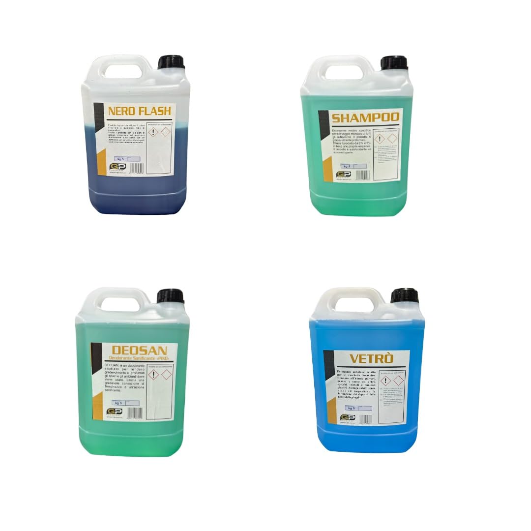 GPDESIGN KIT LAVAGGIO COMPLETO AUTO MOTO CAMION E FURGONI 4 PEZZI. COMBO2 COMPOSTO DA 4 TANICHE DA 5KG OGNUNA DI PRODOTTO CONCENTRATO: NERO GOMME - SHAMPOO - DEODORANTE - LAVAVETRI