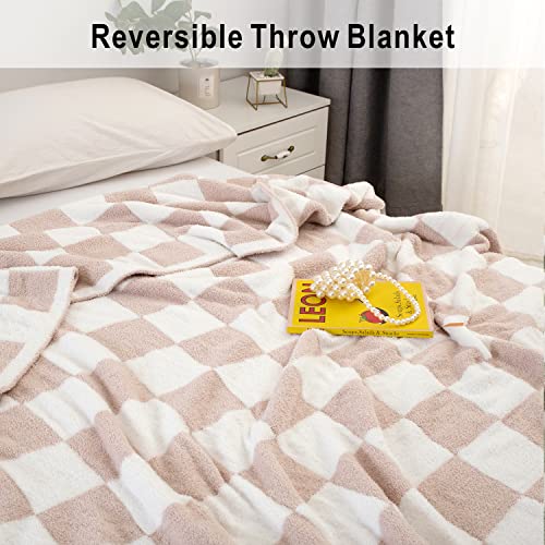 Chic Throw Blankets With Checkerboard Plaid- Stretchy Fluffy Cozy Blanket Trendy Checkered Gingham Decor For Couch, Bed, Sofa(Throw Size 51"X 63", Light Khaki) #TOP5
