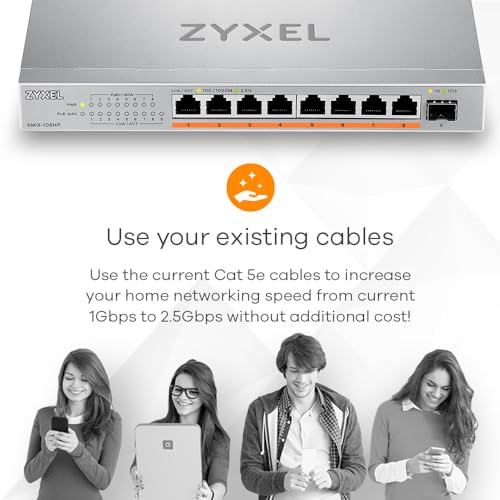 Image of Zyxel 8 Port PoE Network Switch | 2.5Gb Multi Gigabit Switch | Unmanaged | 8X 2.5G, 1x 10G SFP+ | 8X PoE++ 100W Budget | Easy Installation | Fanless Ethernet Splitter | TAA Compliant | XMG-108HP