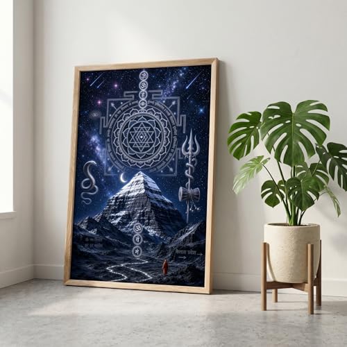 Image of Livin'luxe Kailash Mountain Om Yantra Wall Painting for Living Room Bedroom Pooja Room Decor with Premium Wooden Color Synthetic Frame, Spiritual Hindu Art Gift (18 x 24) NL01-4088