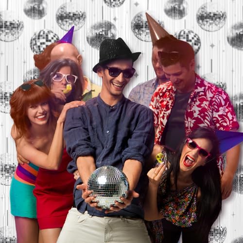 Image of 3 Pack Disco Party Decorations Disco Ball Backdrop Tinsel Foil Fringe Curtains Bachelorette Party Decor 3.3 x 6.6 ft Glitter Photo Booth Props for 70s 80s Hip Hop Birthday Supplies
