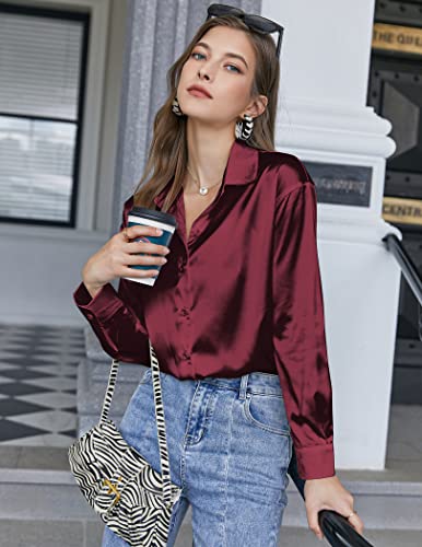 Chigant Women's Blouse Satin Silk Shirts Button Down Shirts Casual Loose Long Sleeve Office Work Tunic Tops3