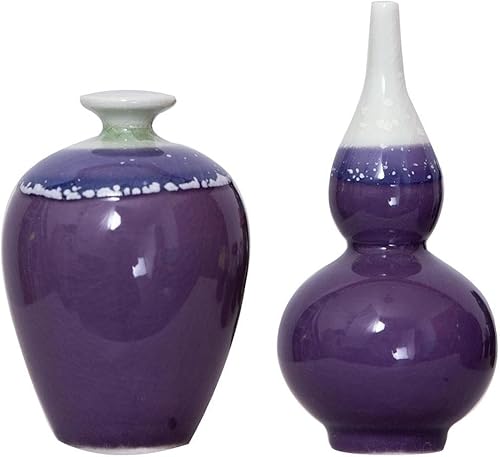 Juego de 2 mini jarrones de cerámica de porcelana esmaltada estilo morado (flor seca) para decoración del hogar y la oficina, sala de estar,